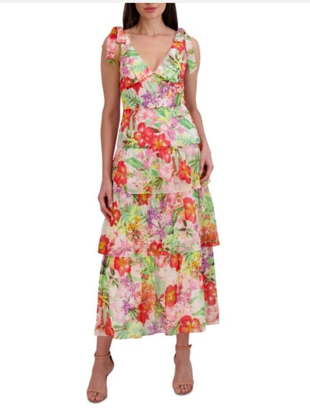 Julia Jordan Summer Tropical Floral Tiered V-Neck Resortwear Maxi Dress Sz 8